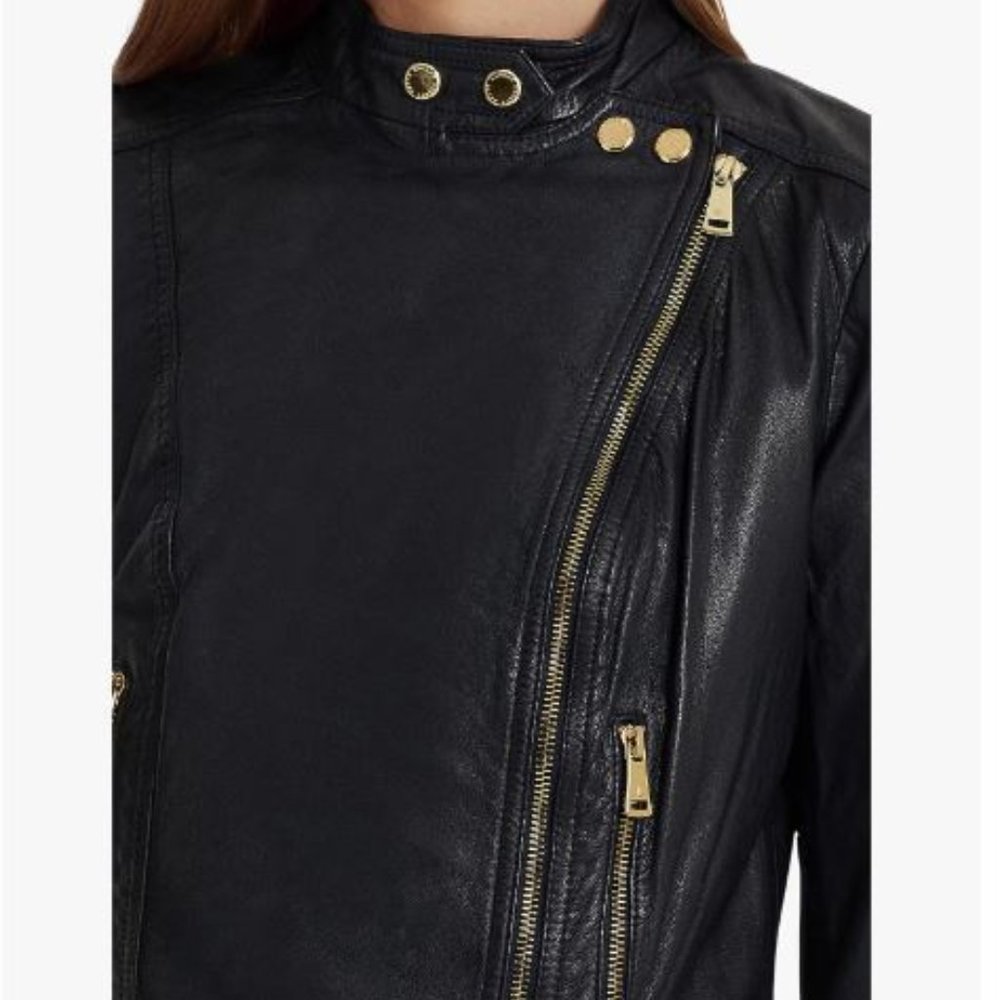 LAUREN Ralph Lauren Tumbled Leather Moto Jacket, Dark Navy - Picture 3 of 11